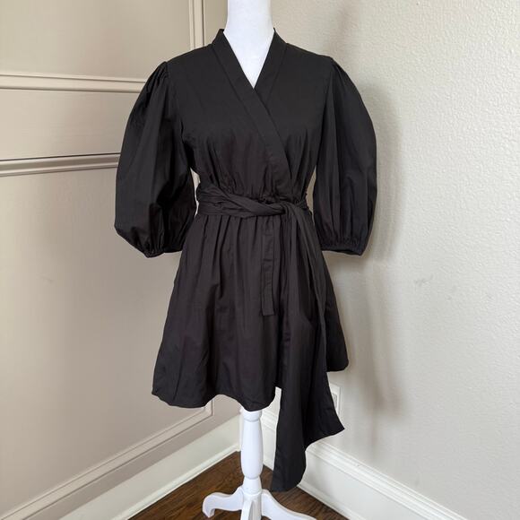Garrie B Black Wrap Mini Dress Puff Sleeve V-Neck Tie Waist Women’s Size S - Picture 1 of 6